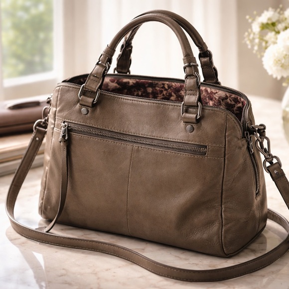 Elliott Lucca Handbags - Elliott Lucca Taupe Leather Satchel